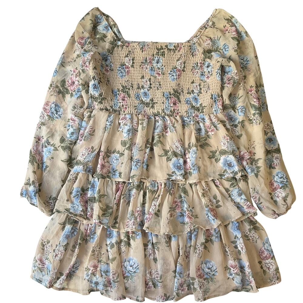Madden NYC Women Dress XL Beige Floral Fit & Flare Chiffon Cottagecore Ruffle